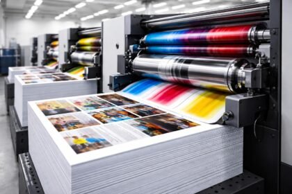 Ofszet nyomtatási folyamat részletek és professzionális nyomtatott anyagok: katalógusok, könyvek, plakátok és szórólapok