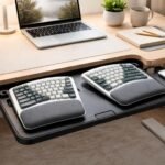 Dolgozó egy ergonomikus billentyűzettel dolgozik helyes testtartásban és kíméli a karokat.