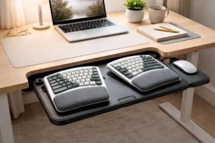 Dolgozó egy ergonomikus billentyűzettel dolgozik helyes testtartásban és kíméli a karokat.