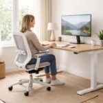 Kényelmes ergonómikus otthoni iroda, állítható szék és állítható magasságú asztal, monitor.