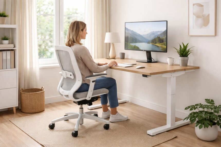 Kényelmes ergonómikus otthoni iroda, állítható szék és állítható magasságú asztal, monitor.